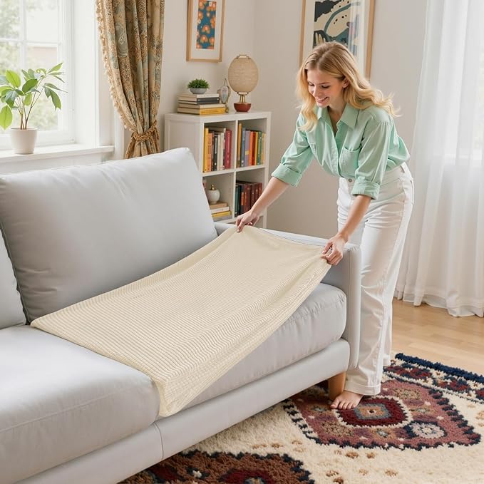 CHUN YI 2 Piece Couch Cushion Covers for Sofa Seat Slipcovers Suitable with Spandex Jacquard Washable Fabric (2 Piece Sofa Cushion Covers, Ivory) - Image 4