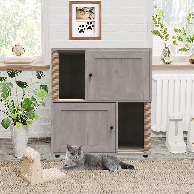 Garvee Cat Litter Box Enclosure for 2 Cats, Double Hidden Litter Box Furniture Cabinet with 2 Scratch Mat and Scratch Post, Modern Farmhouse Wooden Enclosed Cat Washroom, End Side Table - Image 2