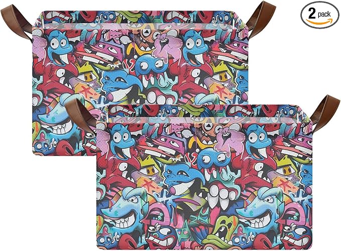 Abstract Grunge Graffiti Monster Baby Storage Basket with Labels&Handles Rectangular Waterproof Nursery Storage Bins Collapsible Shelf Organizer Baskets for Kids Books Cloth Gift Toys Laundry, 2 Pack by Unknown