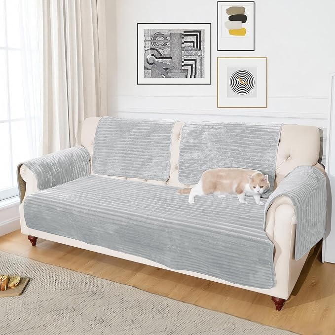NAISI Couch Covers for Dogs Waterproof Flannel Striped Sofa Cover Pet Friendly Washable Dog Mat for Couch Anti Slip Sectional Sofa Slipcover Protector(1pc/35"x 82",Light Grey) - Image 4
