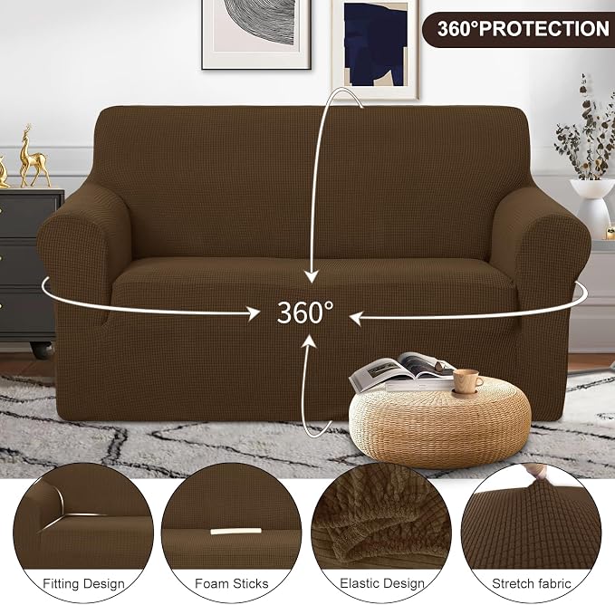 U-NICE HOME Loveseat Cover Stretch Couch Cover Sofa Slipcover, Brown | 2 Cushion Sofa, 1-Piece Sofa cover, Washable, Pet friendly, Furniture protector, Polyester Spandex Jacquard fabric - Image 3