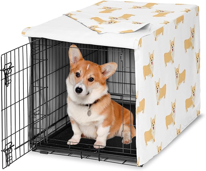 Sweet Jojo Designs 36in. Medium Dog Crate Cover (Corgi) Pet Cage, Kennel Covers (Puppy Dogs, Orange and White, Modern, Dog, Whimsical, Pet, Puppies, Cartoon, Doggy, Minimalist, Welsh Corgis) by SweetJojoDesigns