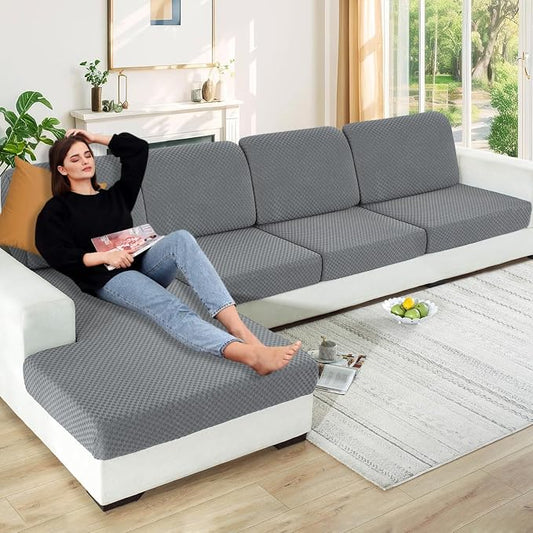 【Clearance】 Stretch Individual Cushion Covers Large Sofa Seat Cushion Slipcovers Soft Couch Cover Replacement Large Checkered Furniture Protector with Elastic Bottom (3 Pcs XL Cushion, Light Gray) by YEMYHOM