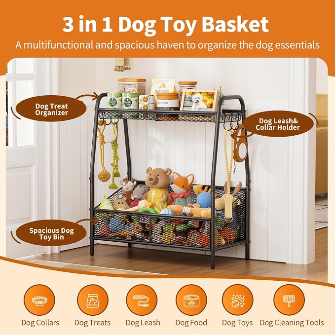 Lomivra Full Metal Dog Toy Basket, 23.6"x11.2"x7.9" Large Dogs Toy Bin with Storage Organizer, Chew-Resistant Toy Box for Dog Stuff Accessories, Pet Toy Storage Holder for Cat Dogs Essential Supplies - Image 7