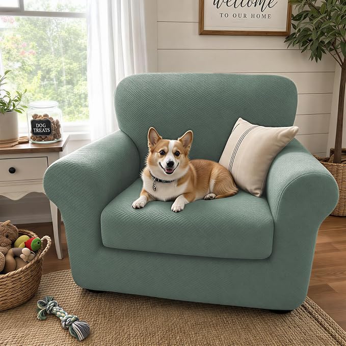 XINEAGE New 2 Pieces Chair Covers with Arms Super Stretch Chair Slipcover for Living Room Pet Dog Universal Slip Cover Anti Slip Armchair Furniture Protector (Pea Green), 31"-46"(1 Cushion) - Image 3