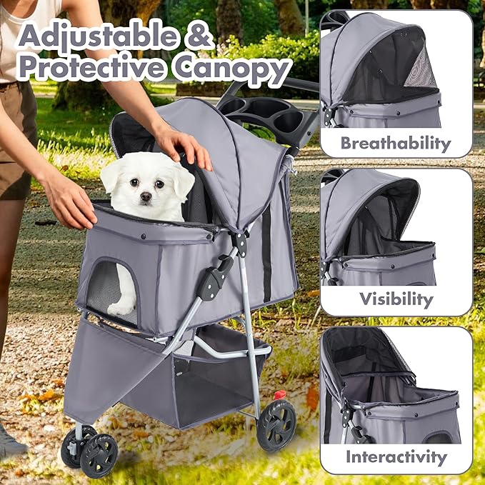 NEWBULIG 3 Wheel Pet Stroller for Dogs and Cats, Foldable, Lightweight and Durable, Ideal for Small to Medium Pets, Includes Storage Basket and Cup Holders