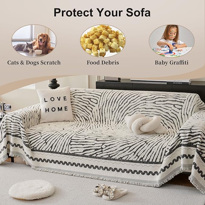 ROOMLIFE Thicked Striped Couch Cover with Tassel Black Chenille Sofa Cover Blanket for Sectional Sofa, Soft Sofa Slipcovers for L Shaped Love Seat 2-3 Cushion Couch Anti Slip Sofa Protector, 71"x118" - Image 5
