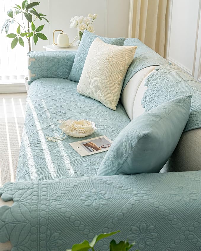Cotton Quilted Dog Couch Cover for Sofa Farmhouse Rustic Embroidery Sectional Couch Cover Soft Anti-Slip Sofa Slipcover Furniture Protector for Kids, Pets (Blue,28"x28") - Image 5