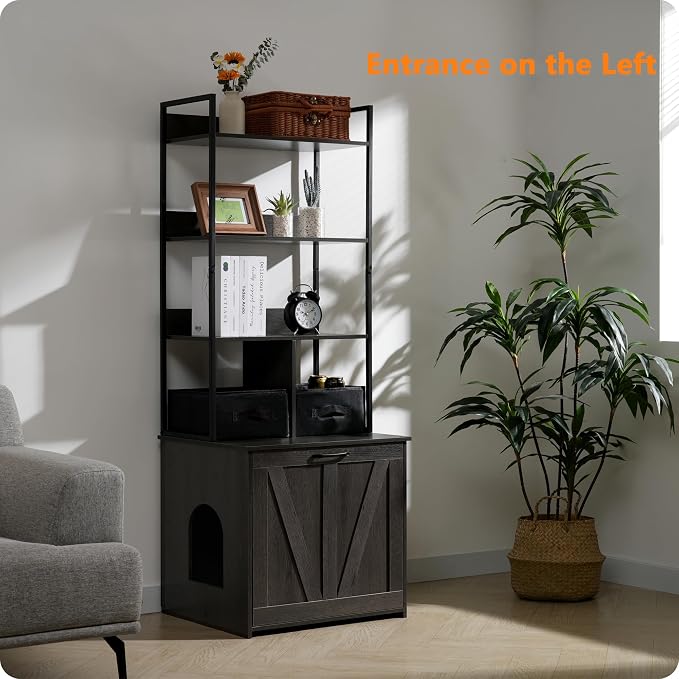 Dwanton Litter Box Enclosure with 3 Storage Shelves and 2 Drawers, 2-in-1 Hidden Cat Litter Box Enclosure Furniture with Shelf, Reversible Entrance, Washable Drawers, 61.8-Inch, Dark Grey - Image 9