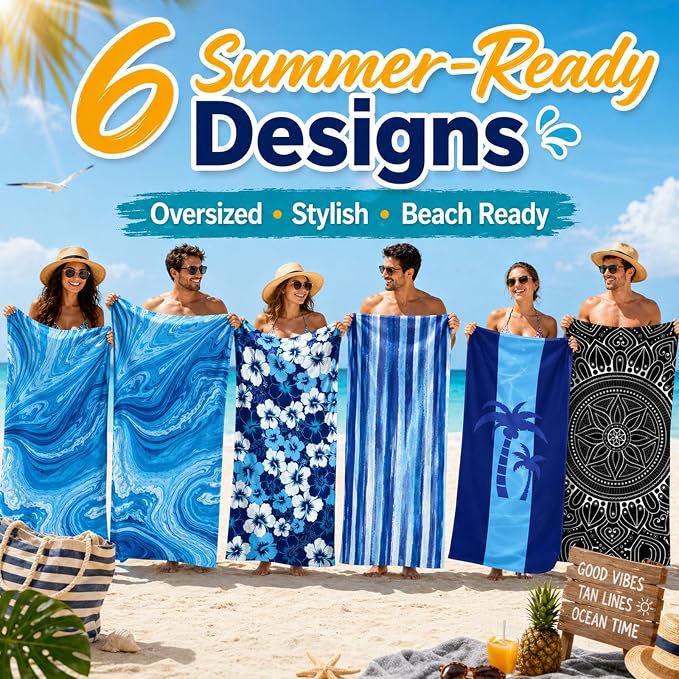 6 Pack Microfiber Beach Towel Set 32x71 Oversized Extra Large Swim Pool Towel Absorbent Bath Blanket Soft Fiber Beach Towels Set for Spa Travel Swim Pool Accessories Vacation Essential Gift(Blue) - Image 5