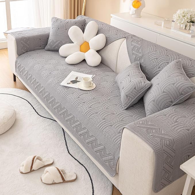 vctops Solid Color Cotton Quilted Sofa Couch Cover Weave Pattern Soft Sectional Couch Covers Embroidery Non-Slip Sofa Slipcover for Dogs, Children, Pets Furniture Protector (Grey,28"x82") - Image 7