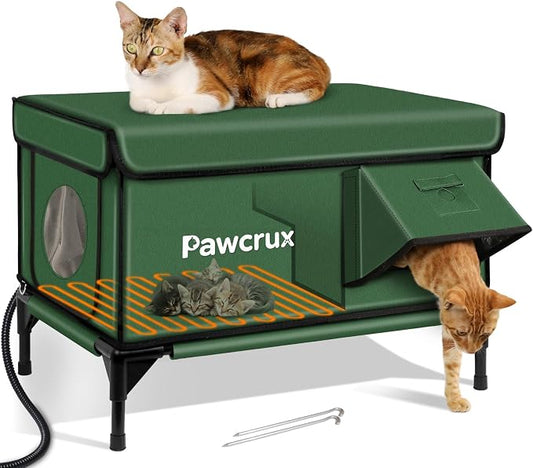 Weatherproof Heated Cat House for Outdoor in Winter, Heated Cat Bed Kitty Shelter with Cat Heating Pad, Insulated & Safe Escape Door, Warm House for Outside Stray Cat (Green, 17.7"x25.5"x17.9") by JLSAME