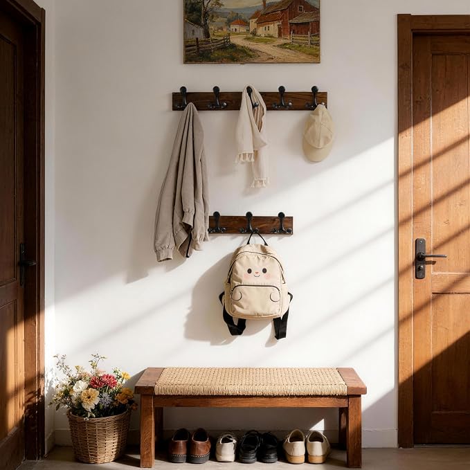 SKOLOO 24-Inch Walnut Wood Coat Rack Wall Mount with 5 Triple Hooks - Ideal for Family Entrances, Classrooms, and Pet Supplies Storage - Perfect Coat Hooks for Wall - Image 3