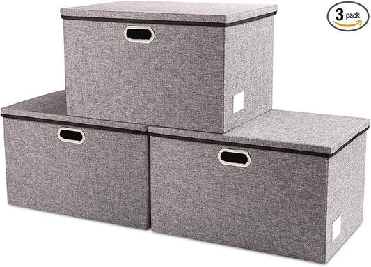 PRANDOM Extra Large Collapsible Storage Bins with Lids [3-Pack] Linen Fabric Foldable Storage Baskets Boxes Organizer Containers Cube with Cover for Bedroom Closet Office Nursery (22.8x15.75x13.8) by Prandom