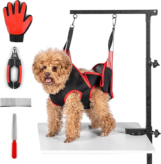 Dog Grooming Arm with Clamp & Pet Grooming Hammock | 4 Extra Bundles | Dog Grooming Stand with Grooming Gloves, Shears & Comb & Nail File | Grooming Table Arm with Adjustable No Sit Haunch Holders