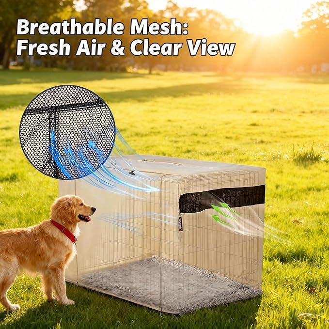 HiCaptain Dog Crate Cover 48.0" L x 30.0" W x 33.0" H with Breathable Mesh, Durable Heavy Duty Kennel Cover, Dual Zippered Panels, Windproof Waterproof UV-Resistant(Beige) - Image 2