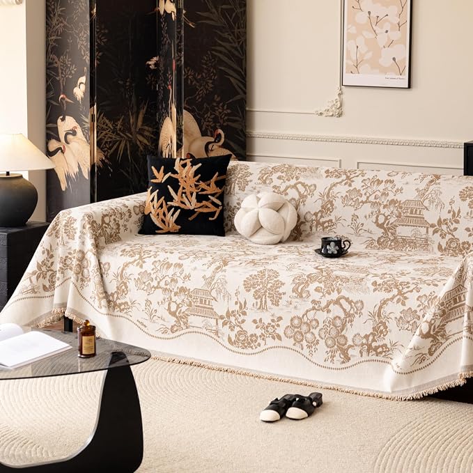 French Country Couch Cover for 3 Cushion Sofa, Chinoiserie Reversible Couch Cover Sectional L Shape, Farmhouse Beige Home Decor Chenille Non Slip Washable Large Couch Protector for Dogs 71"x118" - Image 3