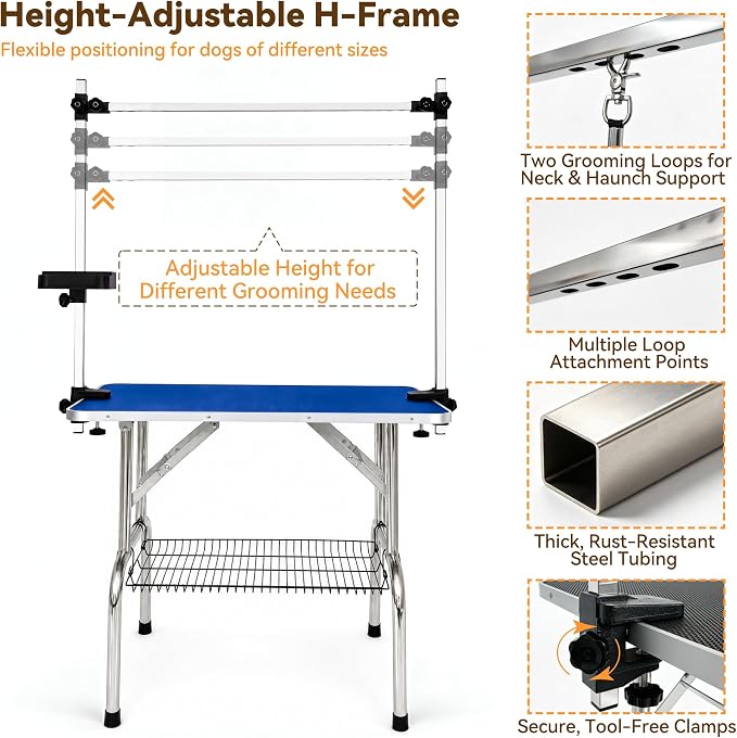 36" Foldable Dog Grooming Table with Adjustable H-Frame Arm & 2 Nooses, Heavy-Duty Stainless Steel Frame, Non-Slip Top, Tool Caddy and Mesh Tray, Blue - Image 4