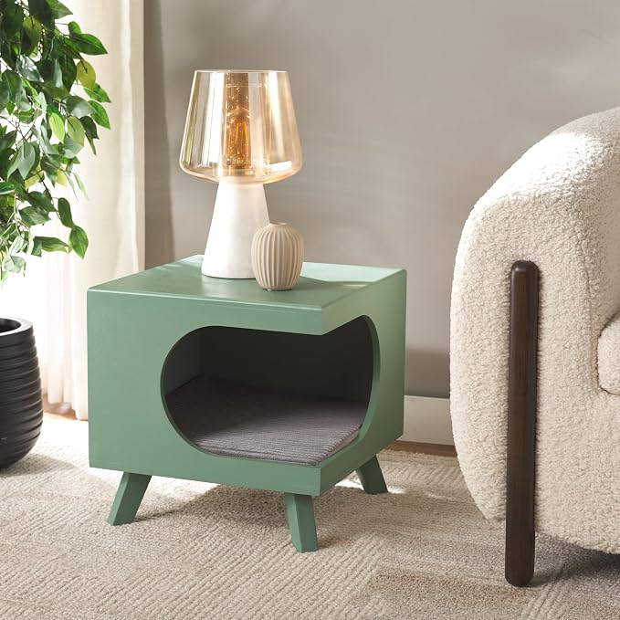 SAFAVIEH Home Collection Bean Mid-Century Sage Green Square Covered Cave Small Pet Cat Bed (Fully Assembled) - Image 2
