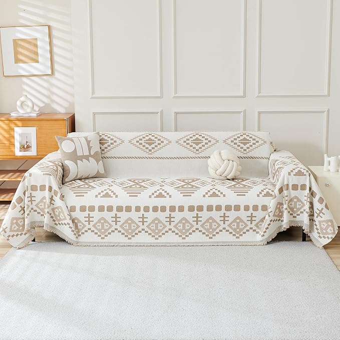 MEETSKY Boho Couch Cover Sofa Covers for Dogs，Decorative Soft Blend Washable Sofa Slipcovers Simply Put Sofa Throw Cover for Living Room, Khaki, 71" x 118" - Image 2