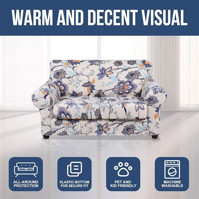 hyha Stretch Couch Cover, Sofa Covers for 2 Separate Cushion Couch Washable | Loveseat Cover, Floral Pattern, Printed, 3 Pieces, 2 Seater Furniture Protector with Elastic Bottom for Dogs, Pet Friendly - Image 8