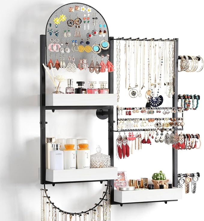 Keebofly Wall Mount Hanging Jewelry Organizer - Large Display Holder for Earrings, Rings, Necklaces, Bracelets, Watches and Perfume - White by Keebofly