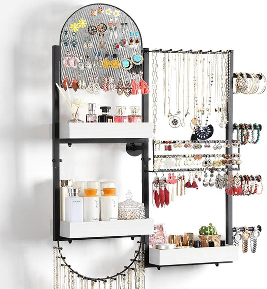 Keebofly Wall Mount Hanging Jewelry Organizer - Large Display Holder for Earrings, Rings, Necklaces, Bracelets, Watches and Perfume - White by Keebofly
