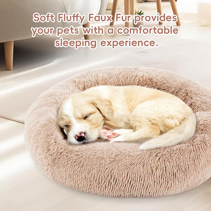 FluffyDream 30 Inch Calming Donut Bed for Dogs and Cats, Brown Washable Plush Fur Cuddle Bed - Image 5