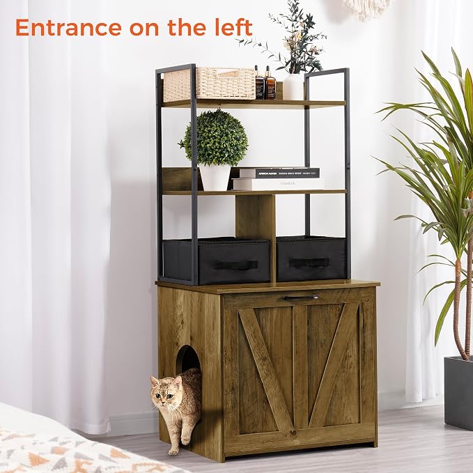 Dwanton Litter Box Enclosure with 2 Storage Shelves and 2 Drawers, 2-in-1 Hidden Cat Litter Box Enclosure Furniture with Shelf, Reversible Entrance, Washable Drawers, 50-Inch, Warm Brown - Image 3