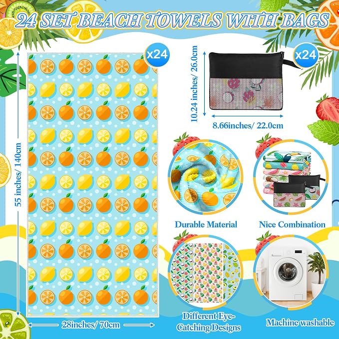 Peryiter 48 Pcs Microfiber Beach Towel with Bags Bulk, 24 Large Quick Dry Pool Towels and 24 Storage Bags, 28 x 55 Inch Fruit Blanket for Beach Swimming Summer Party Camping Travel Women - Image 2