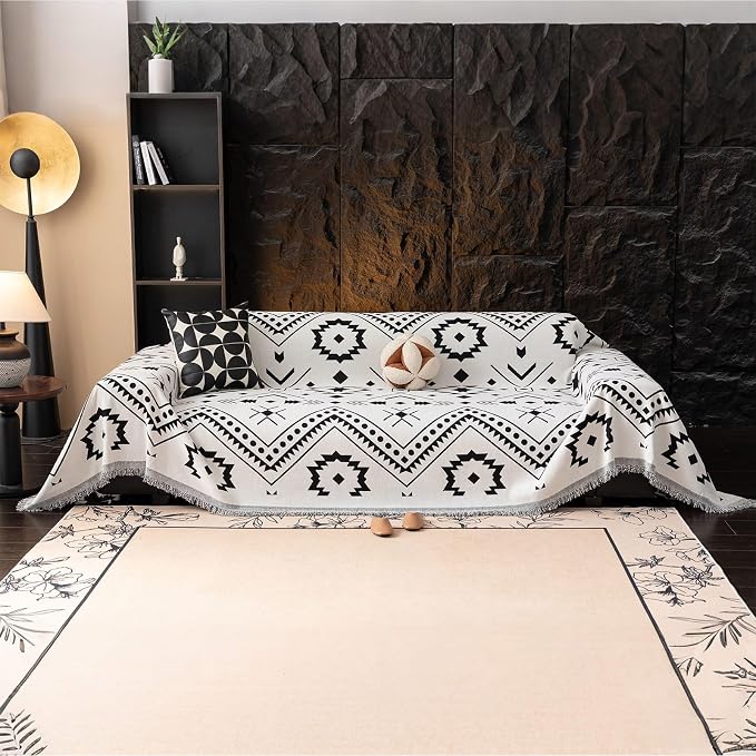 VClife Southwestern Tribal Sofa Cover Bohemian Black White Aztec Geometric Pattern Couch Cover Furniture Protector with Tassel Fringe 3-Seater Couch Cushion Cover 71" X 134" - Image 7