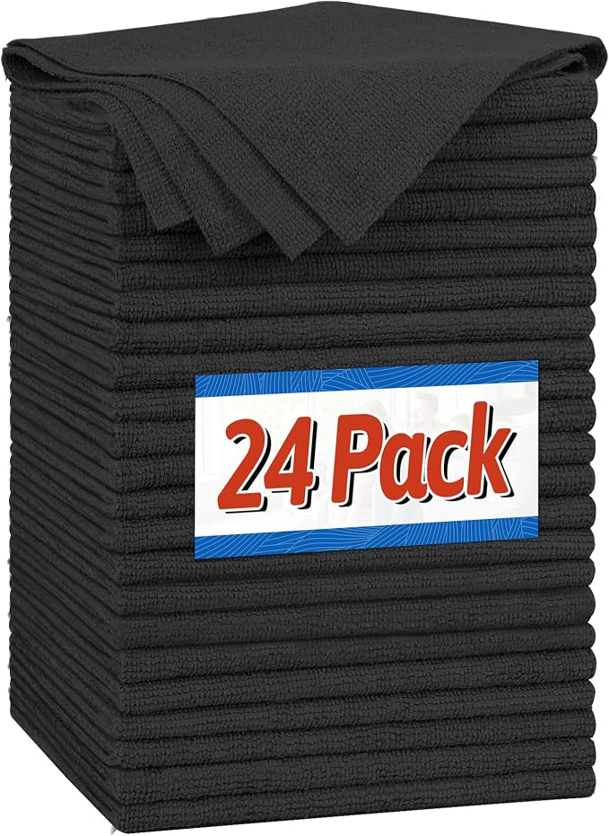 FIXSMITH Microfiber Cleaning Cloth, Shop Towels Bulk, 24 Pack Black Microfiber Towels for Cars, All-Purpose Absorbent Cleaning Rags, Dust Cloth for Automotive, Mechanic, Garage, Bar, 12 x 11 inch by FIXSMITH