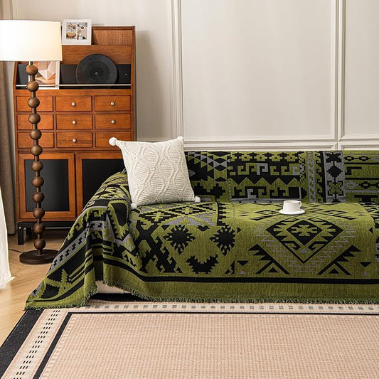 VClife Boho Couch Cover, Aztec Sofa Cover for Dog, Non Slip Washable Couch Covers for 2 Cushion Couch Sofa, Reversible Triangle Geometric Loveseat Cover Furniture Protector (Black-Green, 71" x 118") by VCLIFE