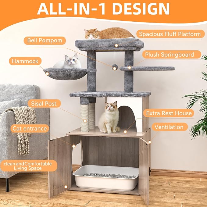 HavenlyYouth Litter Box Enclosure with Cat Tree,Cat Tree with Litter Box Enclosure,Hidden Pet Washroom Furniture with Sisal Scratching Post,Hammocks,Condo,Multiple Platform,Soft Plush Perch, Grey - Image 3