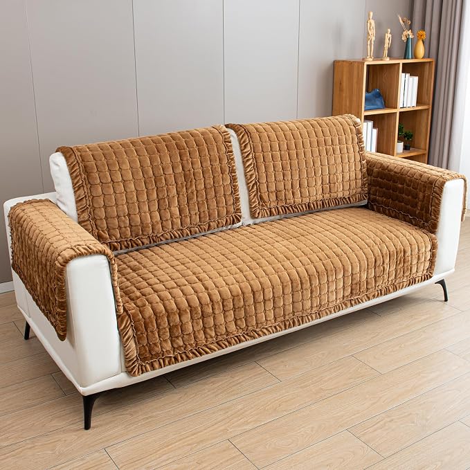 Couch Cover Sectional Couch Covers Non Slip Sofa Covers Washable for 3 Cushion Couch L Shaped Couch Protector Sofa Slipcovers for Kids Dogs Pets,Velvet,Coffee,36''x70''(Only 1 Piece) - Image 7