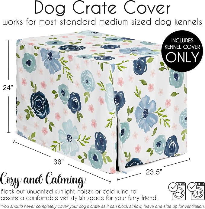 Sweet Jojo Designs 36in. Medium Dog Crate Cover (Blue/Pink Boho Floral) for Girls Pet Cage, Kennel Covers (Watercolor, Flower, Elegant Rose, Bohemian, Shabby Chic, Farmhouse Nature, Navy, Blush, Grey) - Image 5