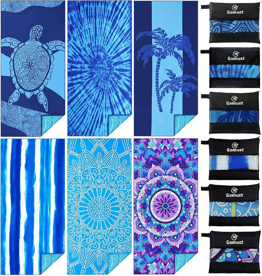 Microfiber Beach Towel Oversized 71x32 Multiple with Bag 6 Pack Bulk | Thin Lightweight Sand Free Absorbent Quick Dry Large for Travel Pool Swim Bath Cruise Sports Camping Essentials Adults Gifts by Gomust