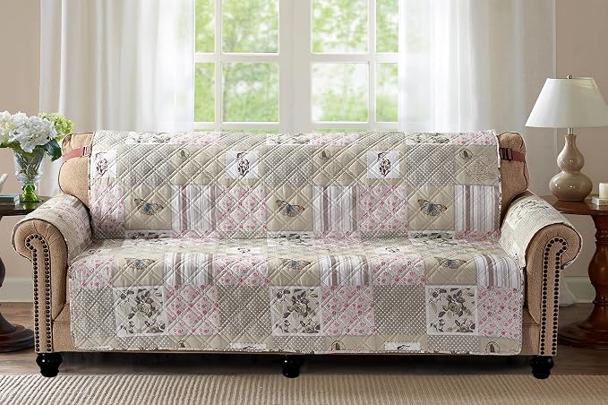 Brilliant Sunshine Grey Cupid & Pink Roses Couch Cover, 70" seat | Non Slip Sofa Cover, Patchwork Design, Quilted Furniture Protector, Large Washable Slipcover for Pets, Dogs & Cats - Image 2
