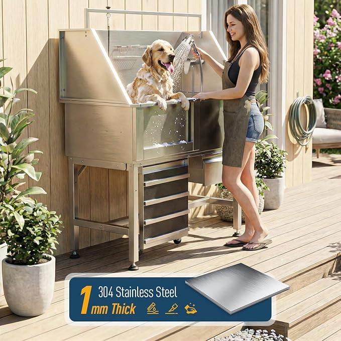 46" Dog Washing Station for Home,Professional Stainless Steel Dog Bathing Station Height Adjustable Do g Grooming Tub with Ramp, Drawer, Floor Grate & Fauct(Left Ramp) - Image 2