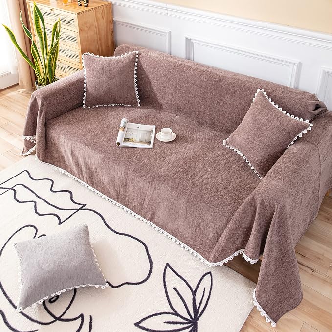 VClife Bohemian Brown Sofa Cover, Washable Pet Couch Covers for 3-4 Cushion Couch Sofa, Breathable Skin-Friendly Home Decor for Living Room Sofa Furniture Protector Futon Cover with Lace 71"X150" - Image 7