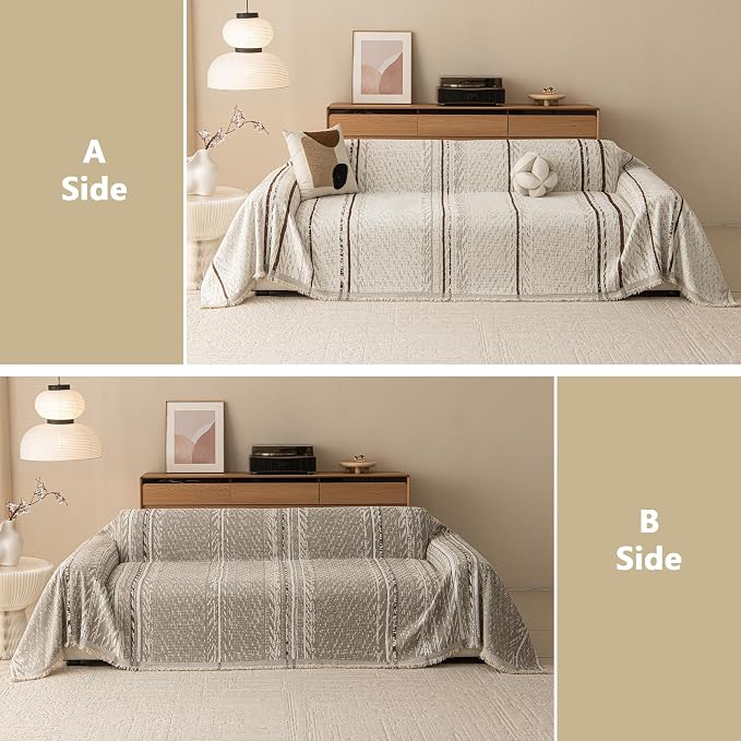 MEETSKY Boho Couch Covers for Sofa, Couch Covers for Dogs, Modern Sofa Slipcover for Sectional Sofa Covers Washable, Chenille Blend Thick Fabric Couch Blanket Cover for Living Room, 71" x 118", Beige - Image 2