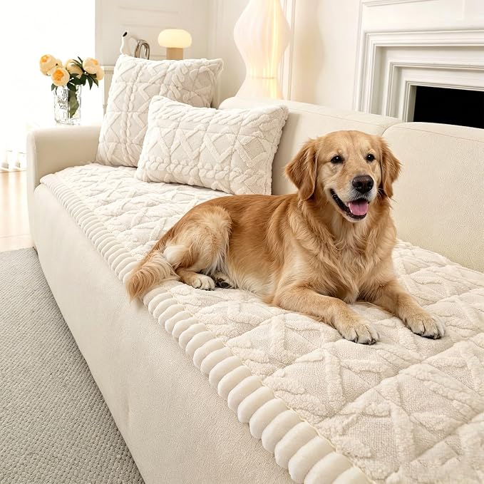 OTOB Couch Cover for Dogs Washable Pet Friendly, Non Slip Plush Fuzzy Love Seat Couch Covers Sofa Slipcovers, Geometric Jacquard Soft Pet Cushion Mat Furniture Protector (Off White, 27.6" x 59.1") by OTOB