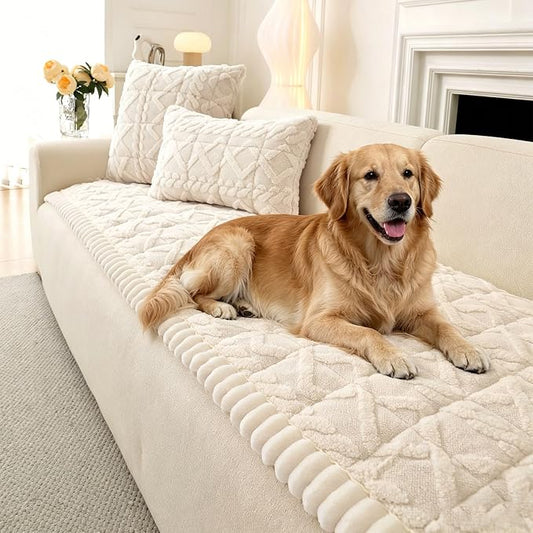 OTOB Couch Cover for Dogs Washable Pet Friendly, Non Slip Plush Fuzzy Love Seat Couch Covers Sofa Slipcovers, Geometric Jacquard Soft Pet Cushion Mat Furniture Protector (Off White, 27.6" x 59.1") by OTOB