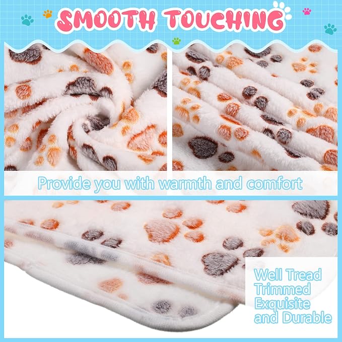 Tatuo 4 Pack Fleece Dog Blankets for Puppy Cats Multi-Size Sleep Mat for Pet Guinea Pig Soft Washable Warm Crate Bed Puppy Teething Toys Print Pattern Blanket Indoor(White,24 x 16 Inch,Paw) - Image 2