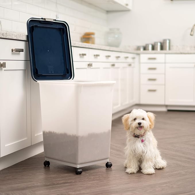 IRIS USA 54 lb + 38 lb Airtight Pet Food Storage Container Combo, Attachable Wheels, for Dog Cat Bird and Other Pet Food Storage Bin, Keep Fresh, Easy Mobility, BPA Free, Navy/Pearl - Image 5