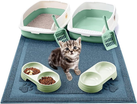Sliner 7 Pcs Kitten Litter Box Starter Kit, 2 Plastic Small Kitty Litter Box Training Low Entry with Scoop, 2 Double Cat Bowl and Mat for Kitten Indoor(Green) by Sliner