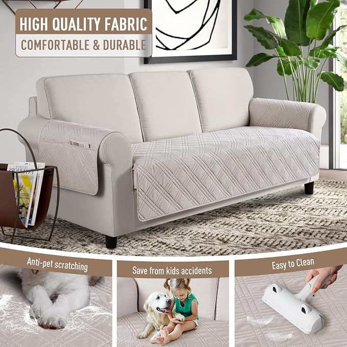 TAOCOCO Waterproof Couch Covers for Pets Dogs with Non Slip Backing, Sofa Seat Covers with Side Pocket for 3 Cushion Couch Washable Dog Couch Cover Protector Sofa Slipcovers(Sofa Plus, Cream) - Image 4