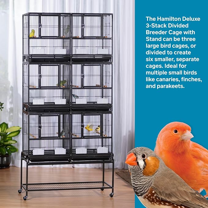Prevue Pet Products 3-Stack Breeding Flight Cage - Extra Large Divided Metal Cage with Stand & Wheels, Pull-Out Tray, Perches & Feeders, for Parakeets, Lovebirds, and Small Breeding Birds - Black - Image 2