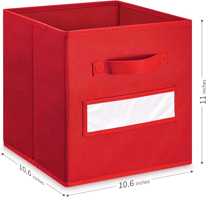 11 Inch Storage Cube,Storage bin,cube storage (Set of 10) Foldable Fabric Cube Storage Bins with 10 Labels Window Cards & a Pen,Baskets Containers for Shelves,Closet Organizers Box,Red - Image 2