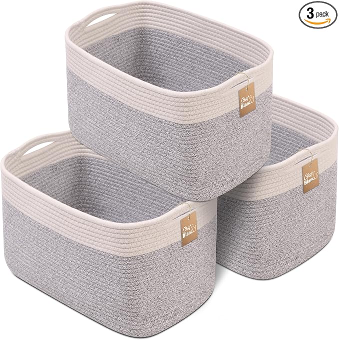 CHAT BLANC Cotton Rope Baskets for Organizing | Storage Baskets for Shelves | Rope Basket for Storage, Small Laundry Baskets, Woven Baskets for Storage, Dog Toy Bin, Baby Basket,Off White &Gray 3 Pack by CHATBLANC
